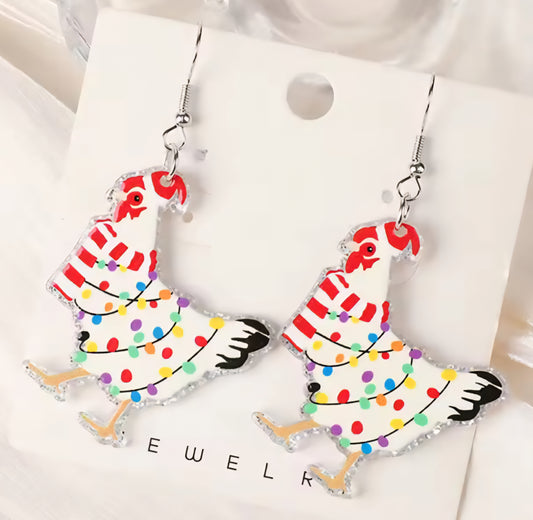 PREORDER Christmas Lights & Scarf Chicken Acrylic Dangle Earrings