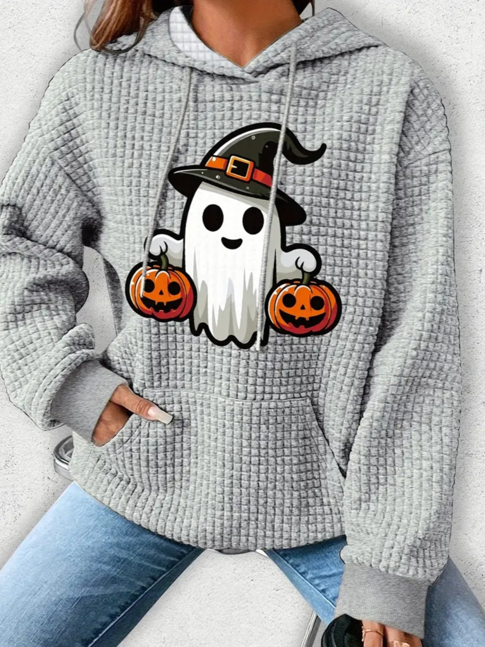 PREORDER Halloween Boujee Ghost Trick Or Treat Jack O Lantern Knit Waffle Pullover Hooded Sweater