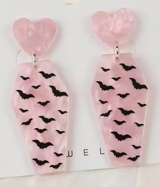 PREORDER Halloween Pink Bat Acrylic Dangle Earrings