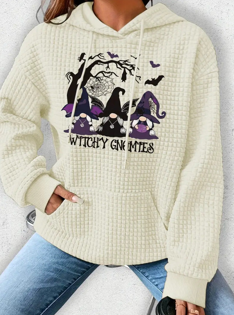 PREORDER Halloween 100% Witchy Gnome Knit Waffle Pullover Hooded Sweater