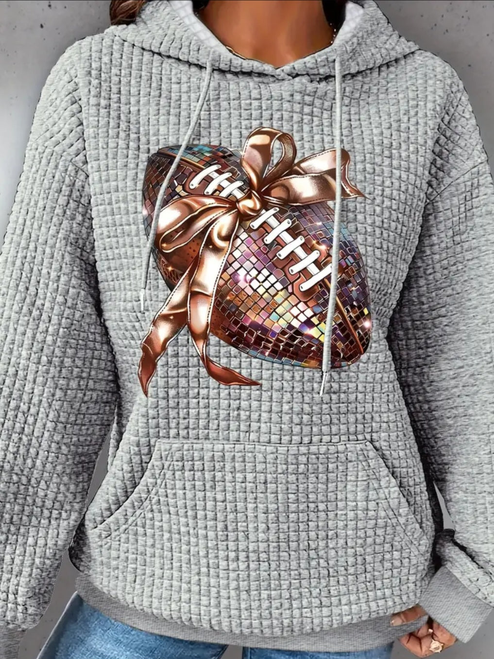 PREORDER Football Disco With A Bow Knit Waffle Pullover Hooded Sweater