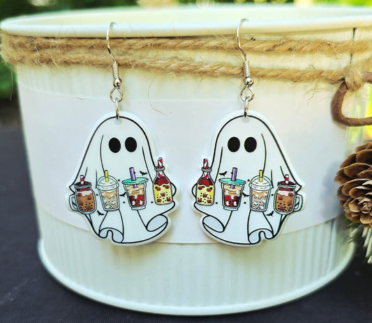 HALLOWEEN Coffee Barista Ghost Acrylic Dangle Earrings