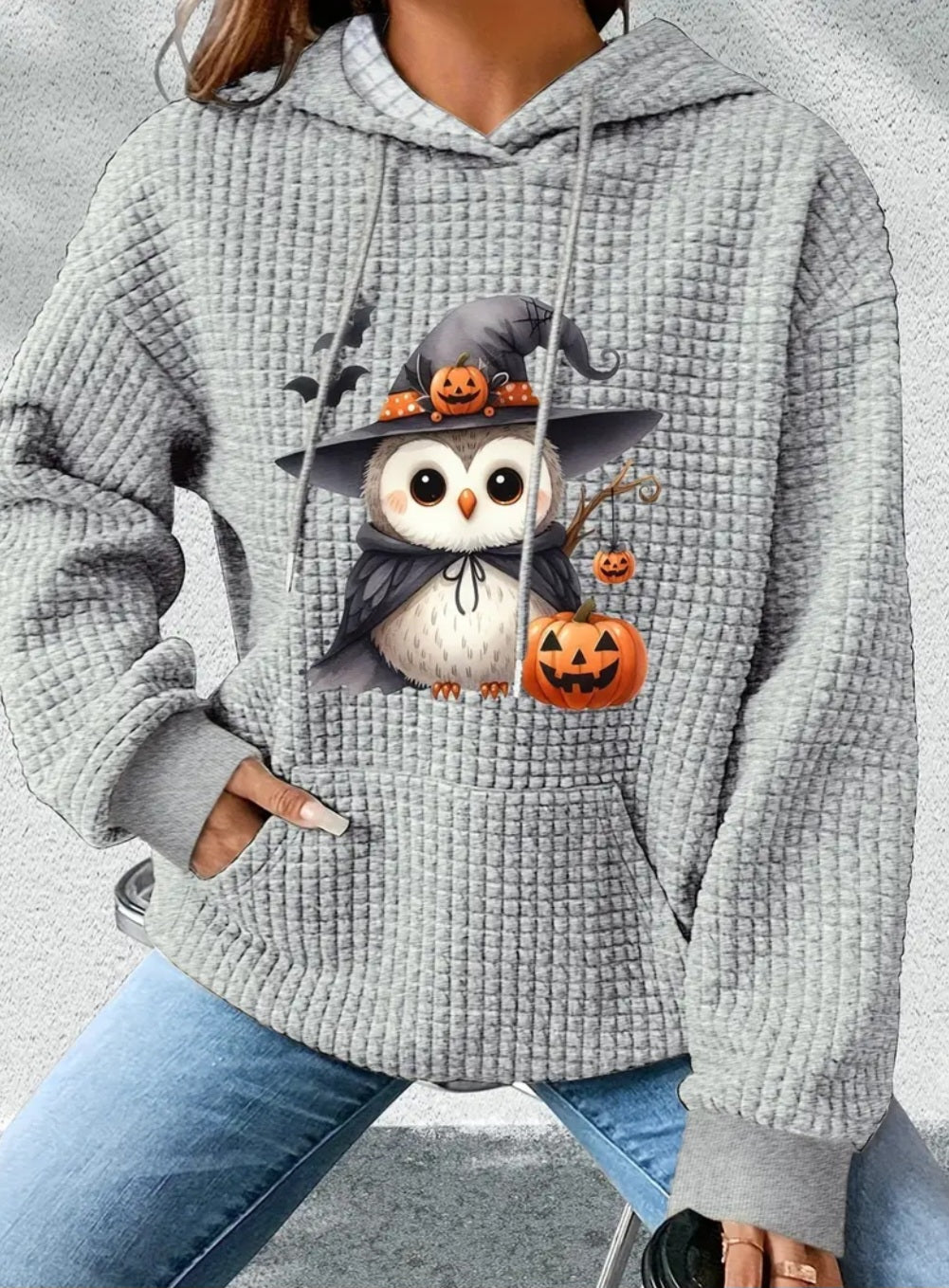 PREORDER Halloween Witch Owl Knit Waffle Pullover Hooded Sweater