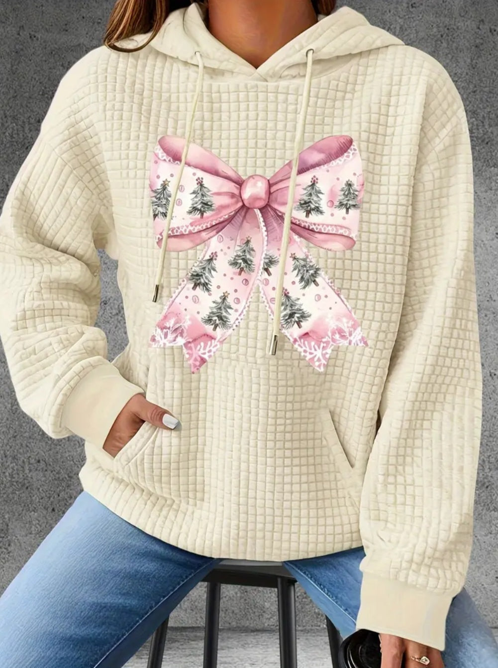 PREORDER Christmas Tree Bow Knit Waffle Pullover Hooded Sweater