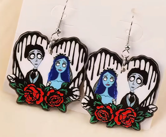 PREORDER Halloween Floral Heart Victor & Bride Acrylic Dangle Earrings