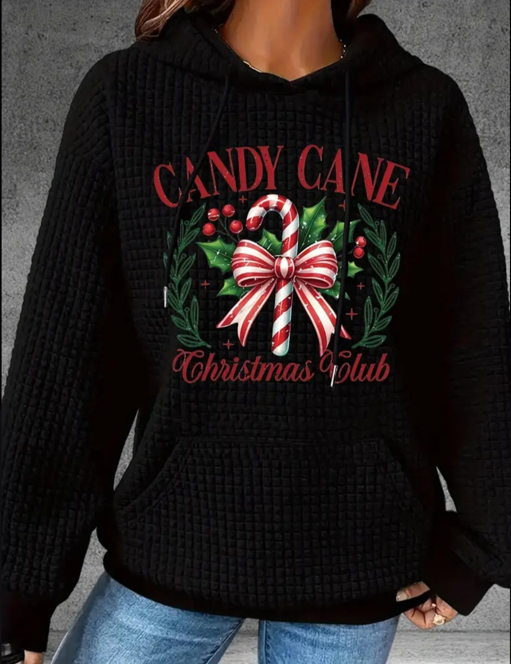 PREORDER Christmas Cane Christmas Club Knit Waffle Pullover Hooded Sweater